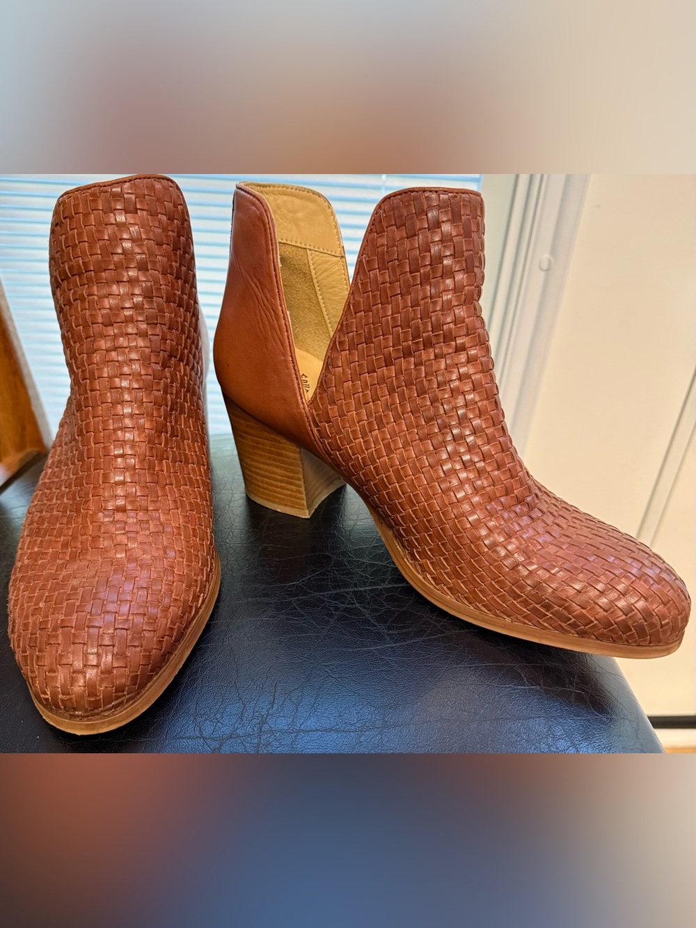 Vintage Foundry Co. Woven Leather Cutout Booties Size 9.5 Brown/Cognac